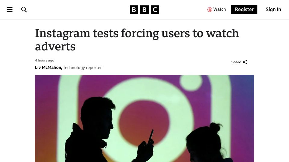 Screenshot of bbc.com: Instagram tests forcing users to watch adverts