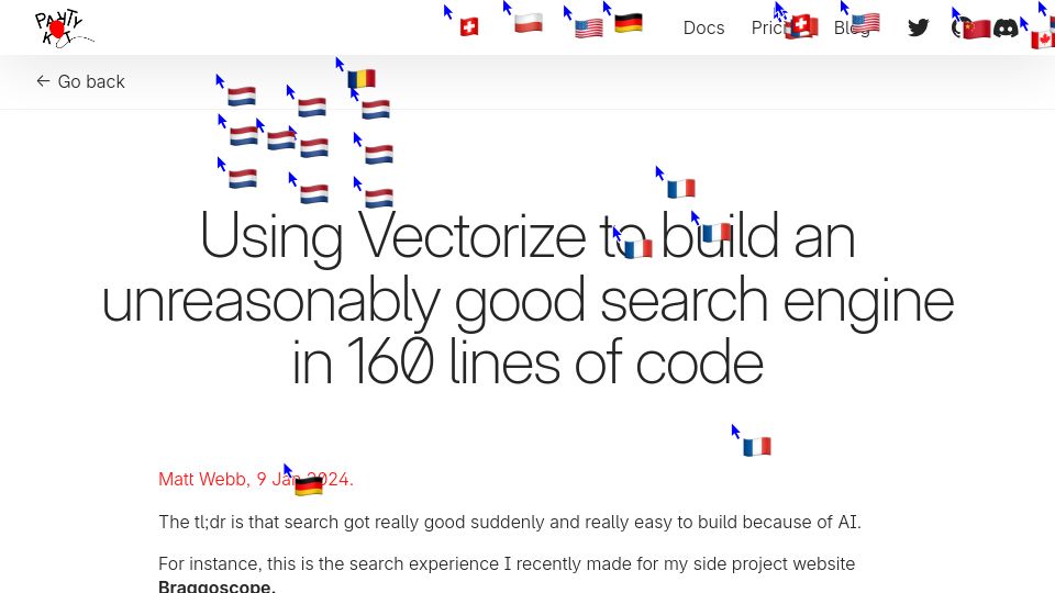 Screenshot of blog.partykit.io: Using Vectorize to build an unreasonably good search engine in 160 lines of code