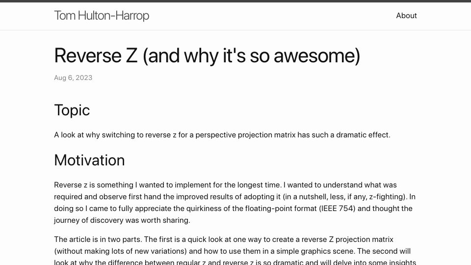 Screenshot of tomhultonharrop.com: Reverse Z in 3D graphics (and why it's so awesome)
