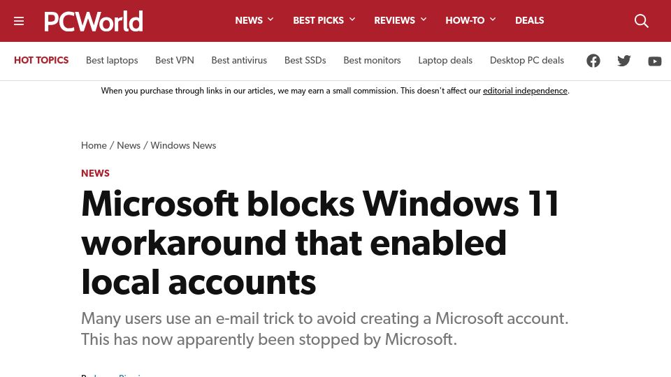 Screenshot of pcworld.com: Microsoft blocks Windows 11 workaround that enabled local accounts