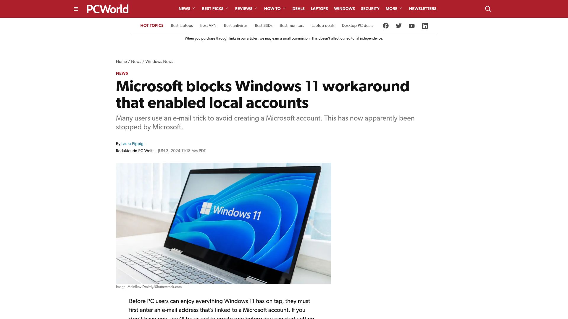 Screenshot of pcworld.com: Microsoft blocks Windows 11 workaround that enabled local accounts