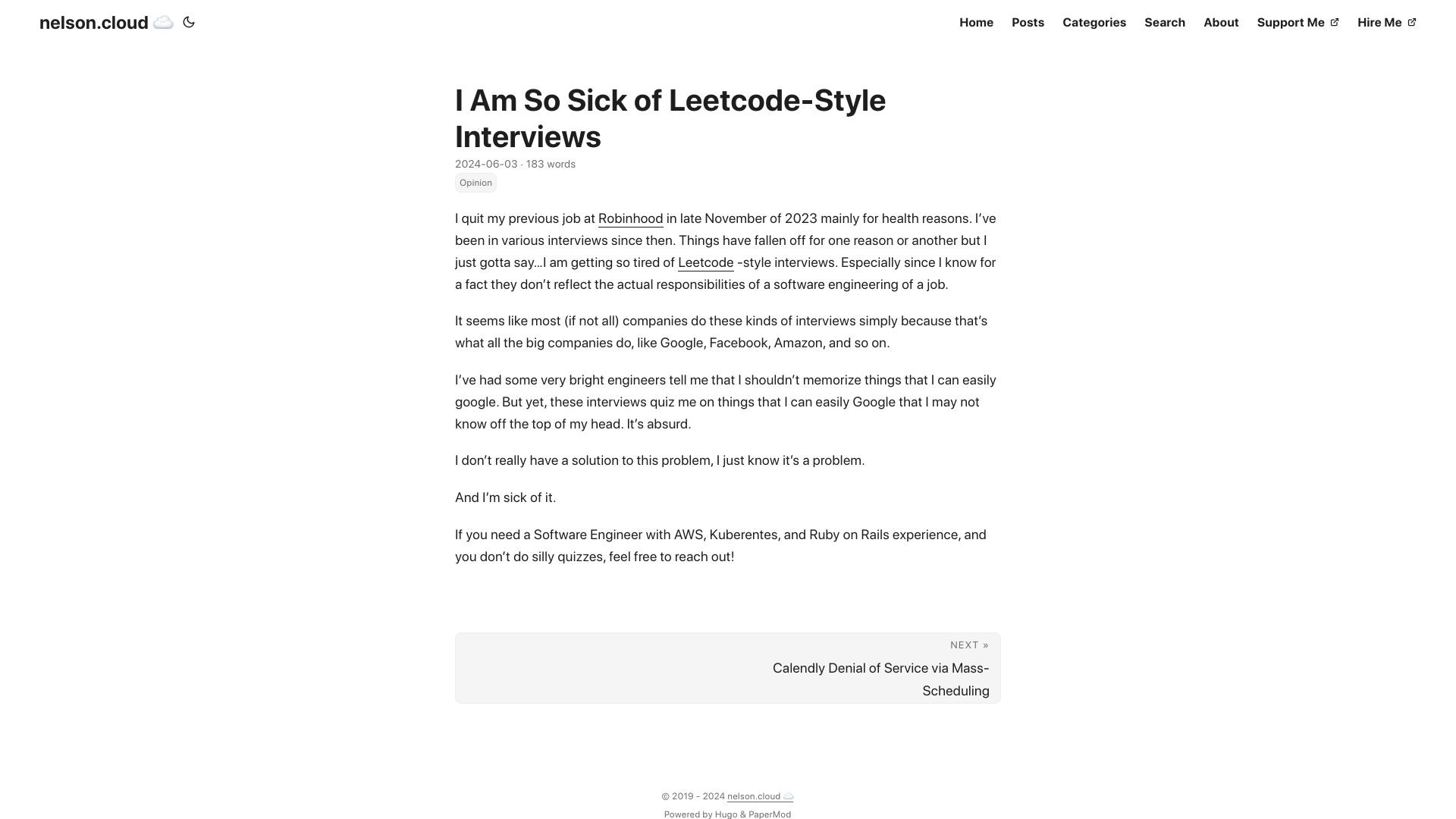 Screenshot of nelson.cloud: I am sick of LeetCode-style interviews