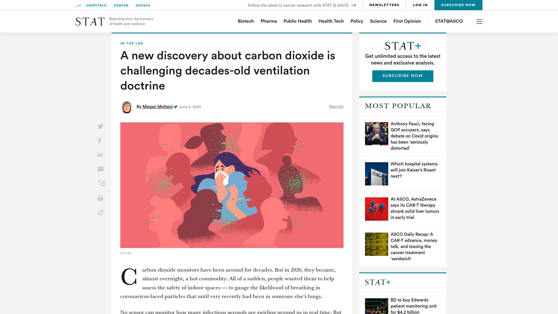Screenshot of statnews.com: CO2 helps viruses stay alive longer in the air