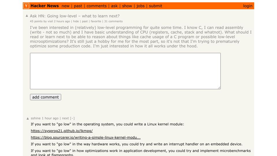 Screenshot of Hacker News post: Ask HN: Going low-level – what to learn next?