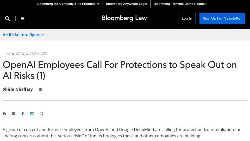 Screenshot of news.bloomberglaw.com: OpenAI Employees Call for Protections to Speak Out on AI Risks
