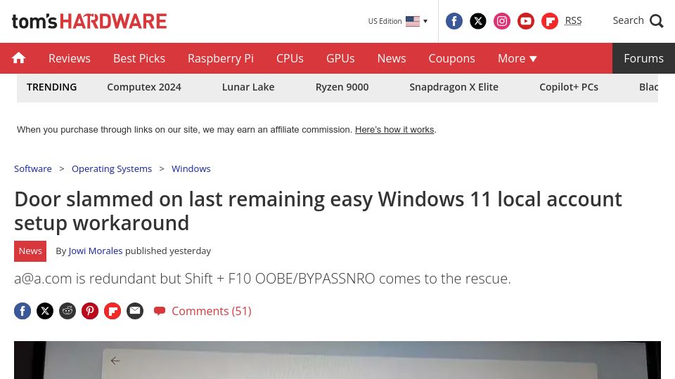 Screenshot of tomshardware.com: Door slammed on last remaining easy Windows 11 local account setup workaround