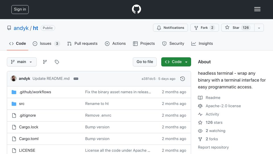 Screenshot of github.com: ht: Headless Terminal