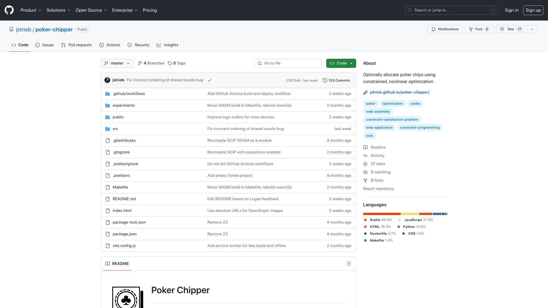Screenshot of github.com: Show HN: Allocate poker chips optimally with mixed-integer nonlinear programming