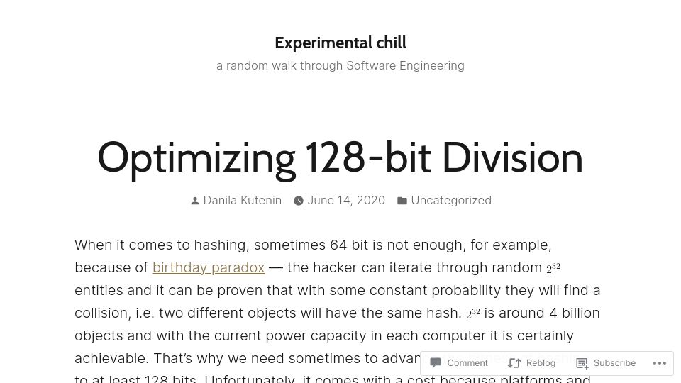 Screenshot of danlark.org: Optimizing 128-bit Division (2020)