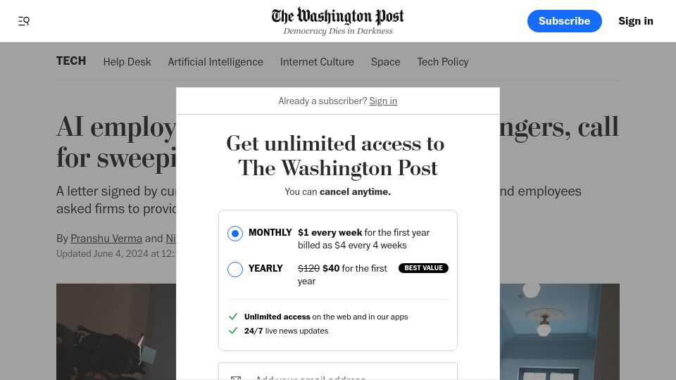 Screenshot of washingtonpost.com: Current and former AI employees warn of the technology's dangers