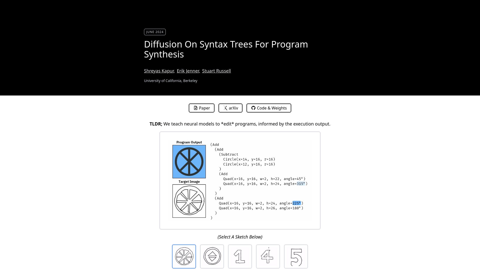 Screenshot of tree-diffusion.github.io: Diffusion on syntax trees for program synthesis