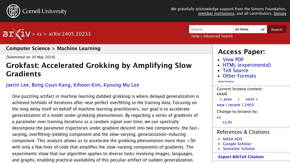 Screenshot of arxiv.org: Grokfast: Accelerated Grokking by Amplifying Slow Gradients