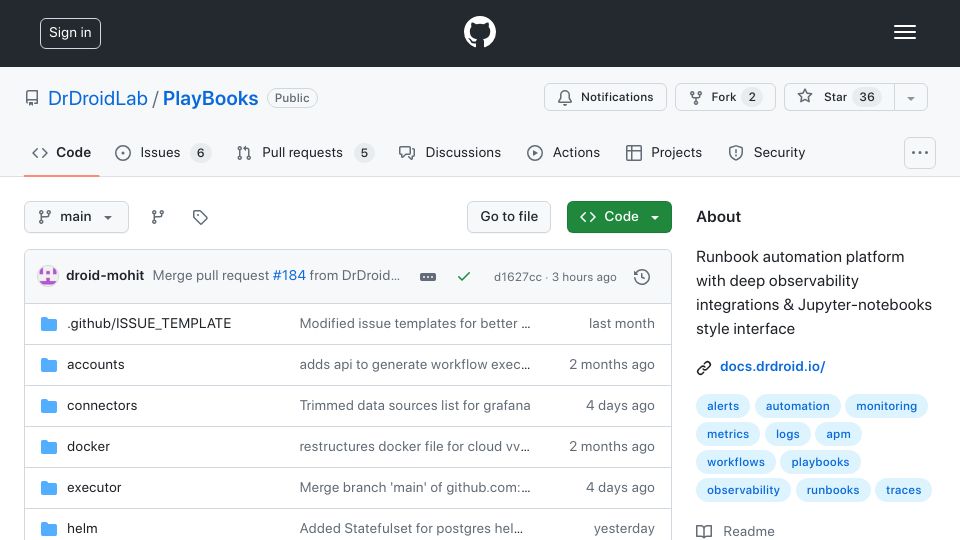 Screenshot of github.com: Show HN: PlayBooks – Jupyter Notebooks style on-call investigation documents