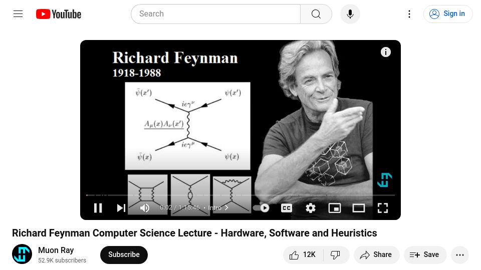 Screenshot of youtube.com: Feynman Computer Science Lecture – Hardware, Software, Heuristics (1985) [video]