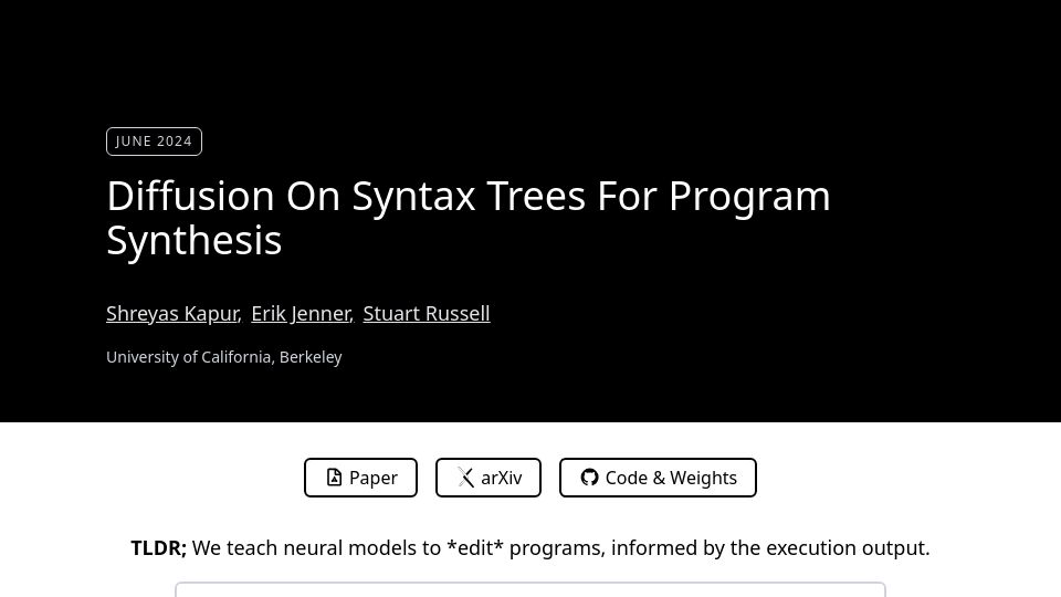 Screenshot of tree-diffusion.github.io: Diffusion on syntax trees for program synthesis