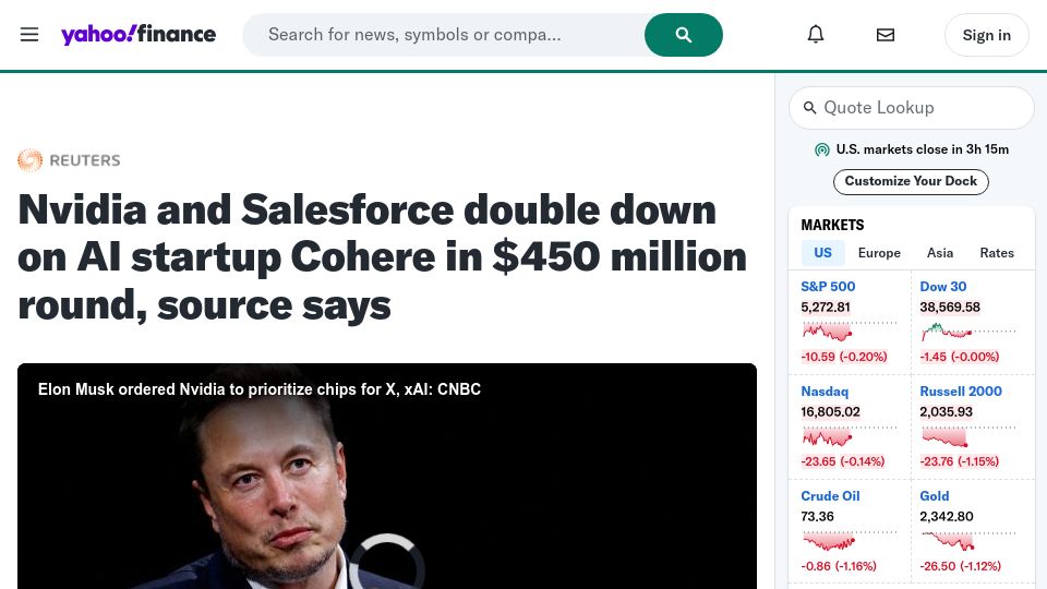 Screenshot of finance.yahoo.com: Nvidia and Salesforce double down on AI startup Cohere in $450M round