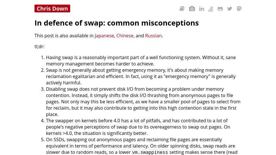 Screenshot of chrisdown.name: In defence of swap: common misconceptions