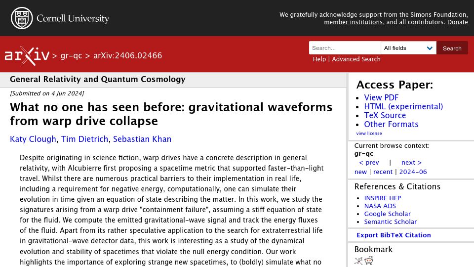 Screenshot of arxiv.org: What no one has seen before: gravitational waveforms from warp drive collapse