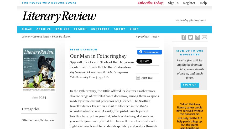 Screenshot of literaryreview.co.uk: Our Man in Fotheringhay