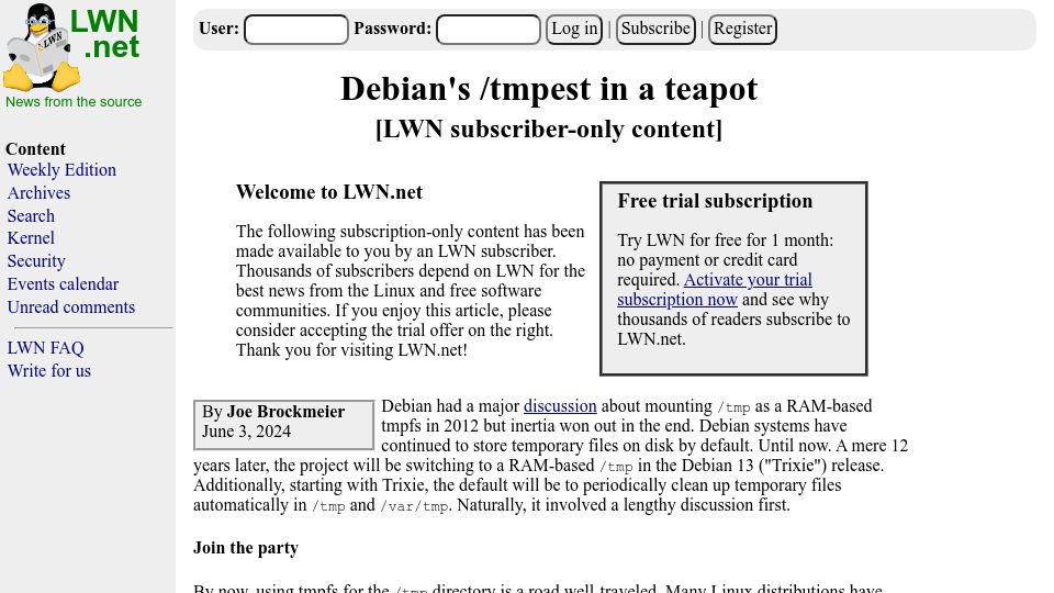 Screenshot of lwn.net: Debian's /tmpest in a teapot