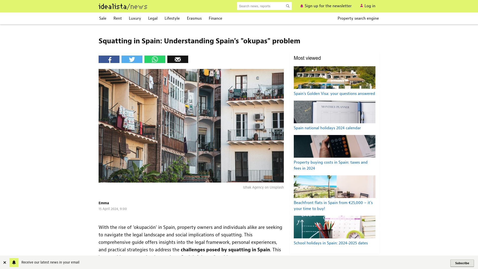 Screenshot of idealista.com: Squatting in Spain: Understanding Spain's "okupas" problem