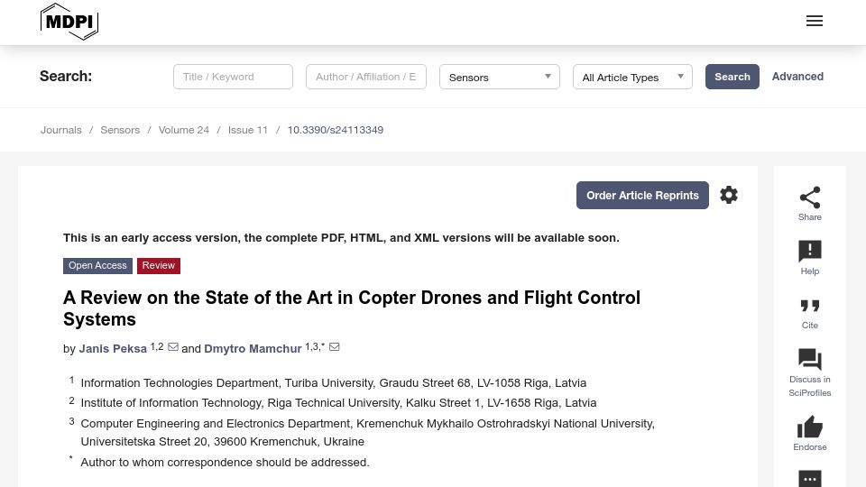 Screenshot of mdpi.com: The state of the art in copter drones and flight control systems