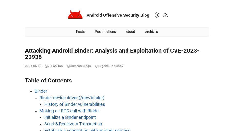Screenshot of androidoffsec.withgoogle.com: Attacking Android Binder