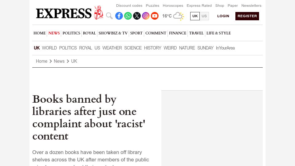 Screenshot of express.co.uk: Books banned by libraries after just one complaint about 'racist' content