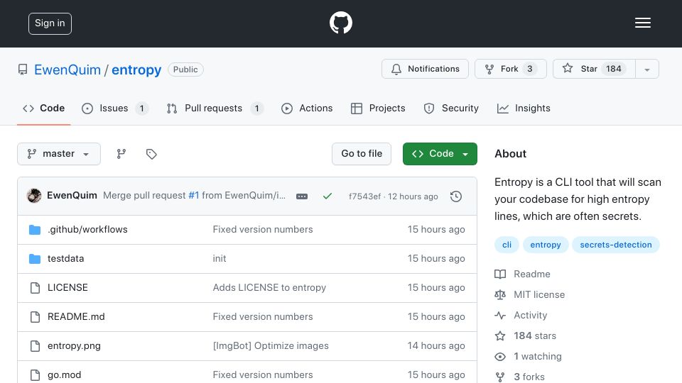 Screenshot of github.com: Entropy, a CLI that scans files to find high entropy lines (might be secrets)