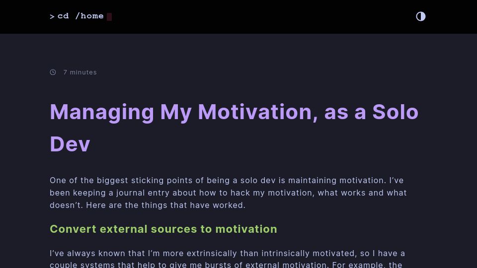Screenshot of mbuffett.com: Managing my motivation as a solo dev