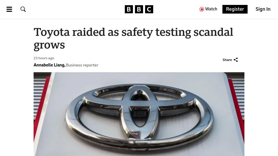 Screenshot of bbc.com: Toyota raided as safety testing scandal grows