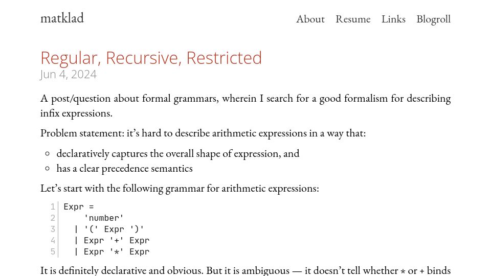 Screenshot of matklad.github.io: Regular, Recursive, Restricted