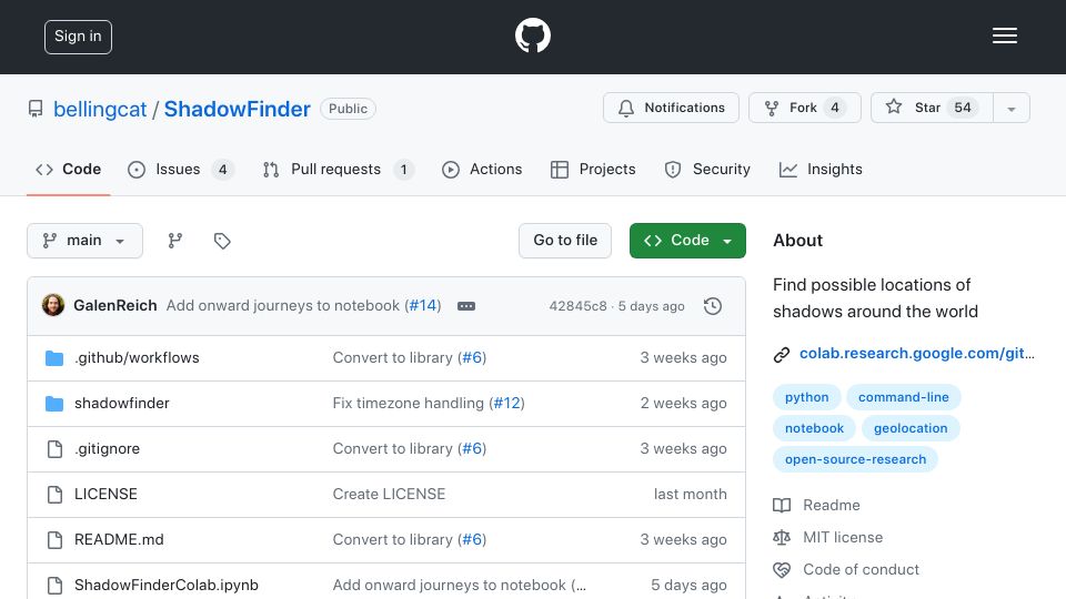Screenshot of github.com: ShadowFinder: Find possible locations of shadows around the world