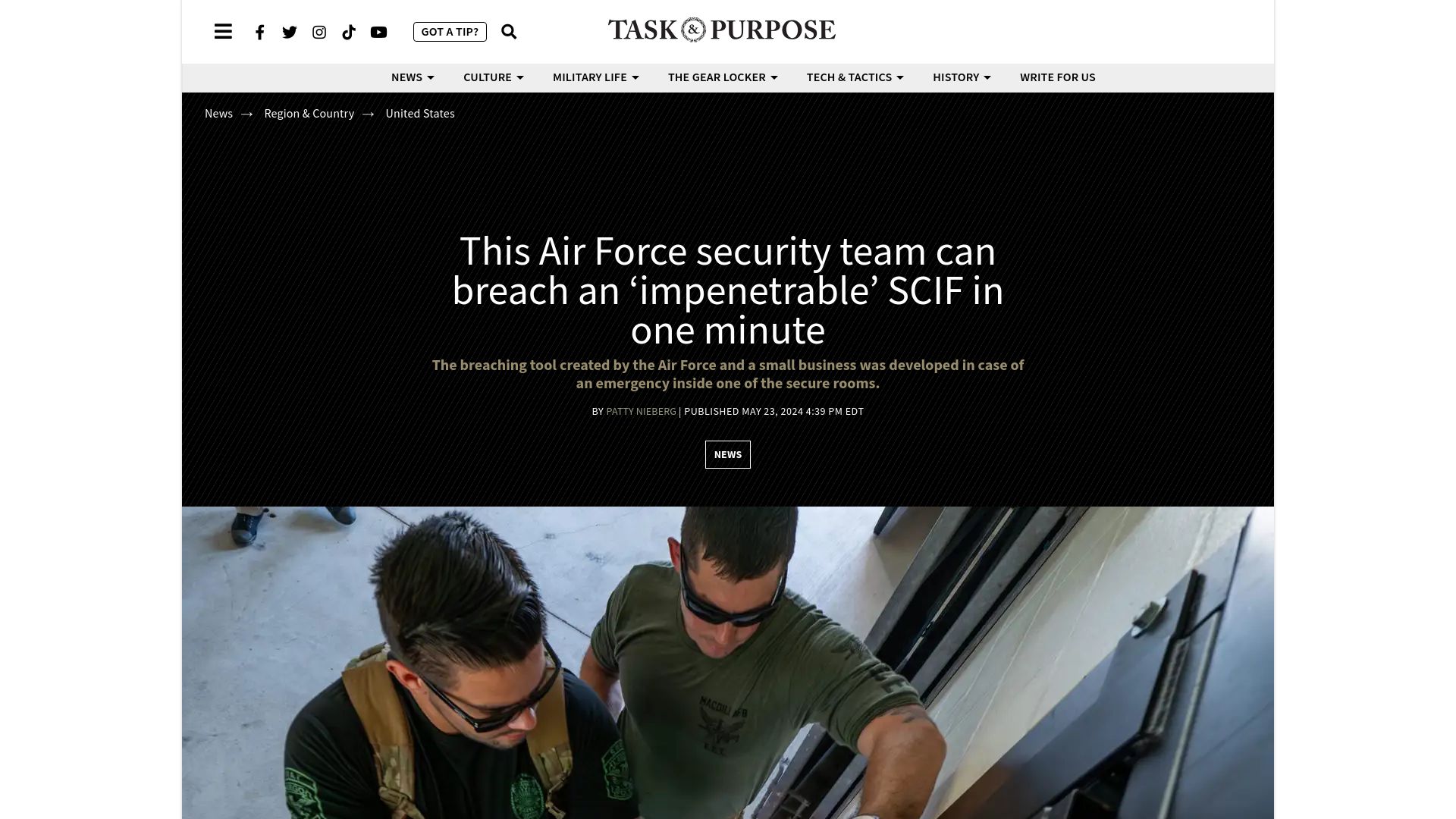 Screenshot of taskandpurpose.com: Air Force security team can breach an 'impenetrable' SCIF in one minute