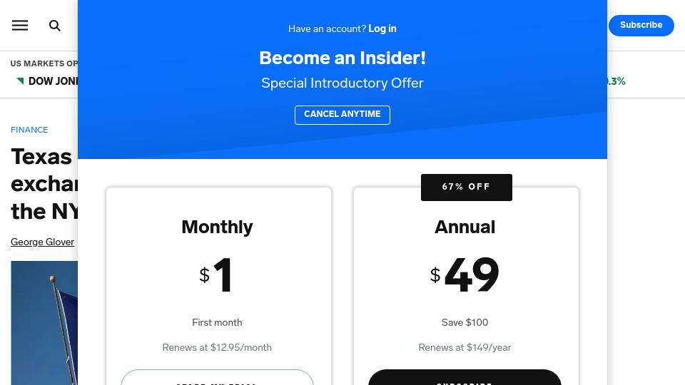 Screenshot of businessinsider.com: Texas poised to get own stock exchange – with less red tape than NYSE or Nasdaq
