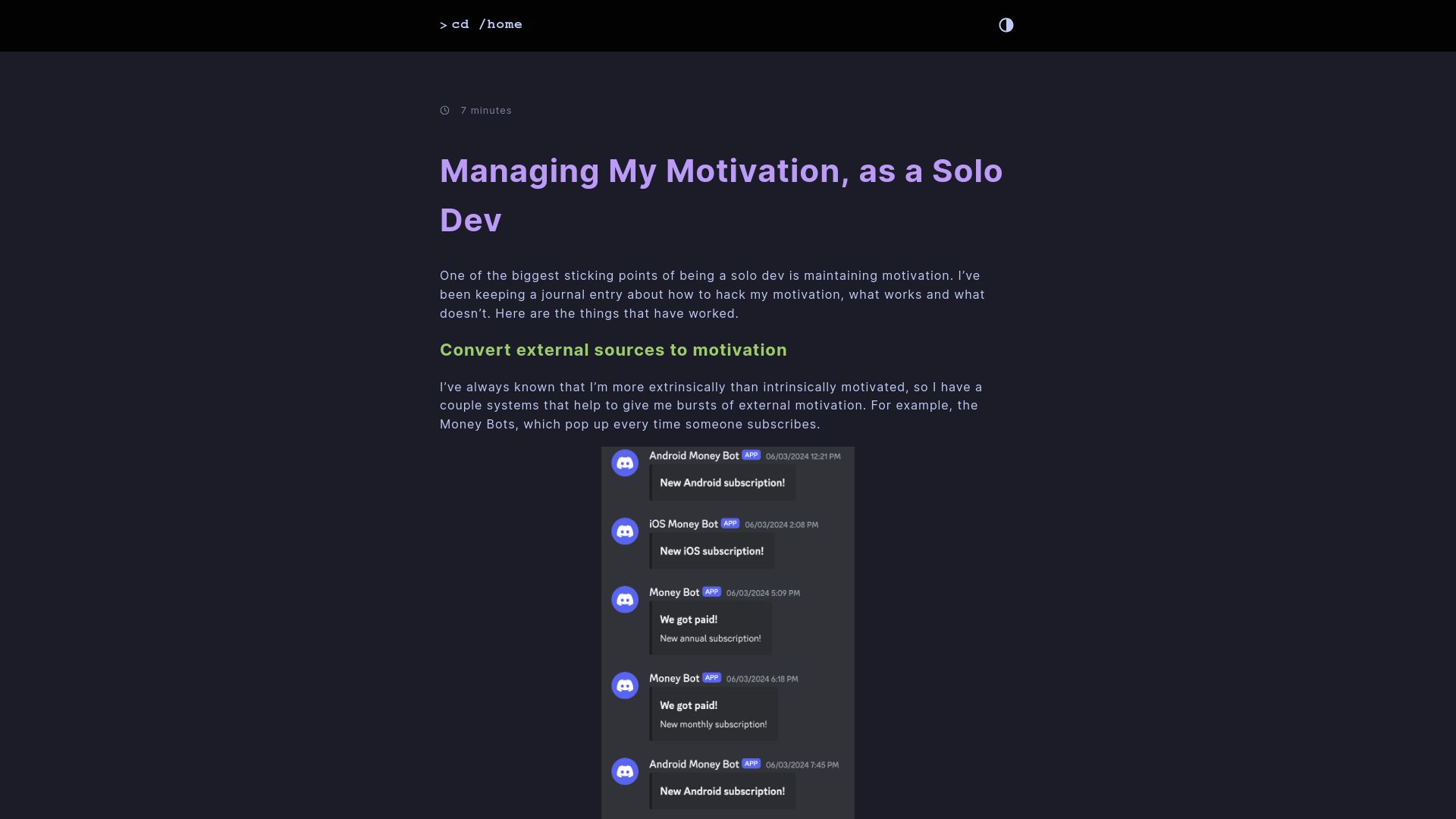 Screenshot of mbuffett.com: Managing my motivation as a solo dev
