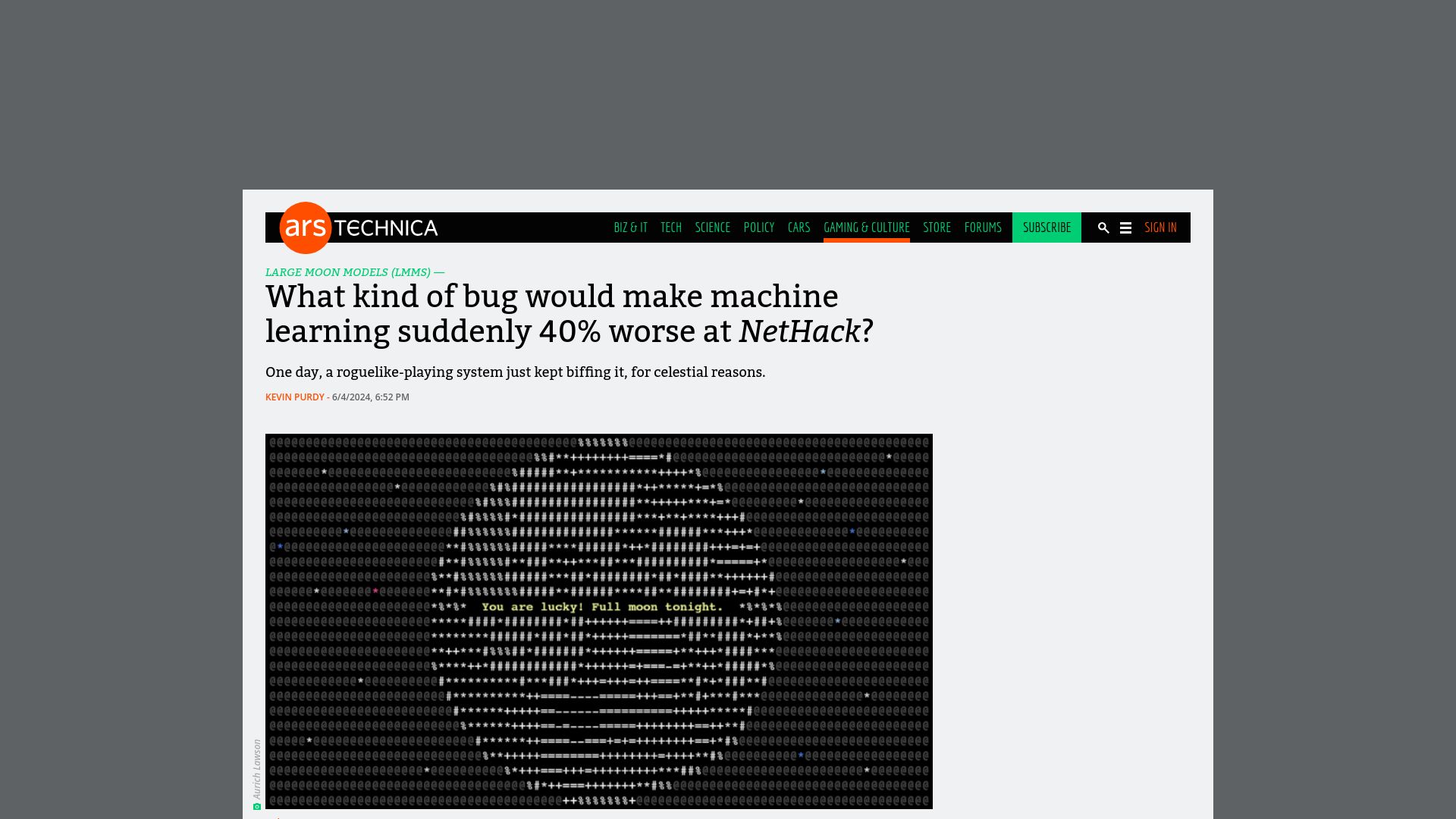 Screenshot of arstechnica.com: What kind of bug would make machine learning suddenly 40% worse at NetHack?