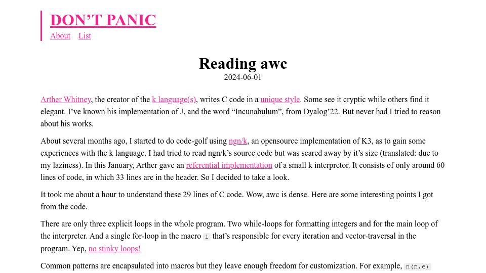 Screenshot of akamayu-ouo.srht.site: Reading awc