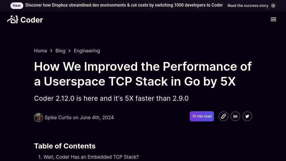Screenshot of coder.com: We improved the performance of a userspace TCP stack in Go