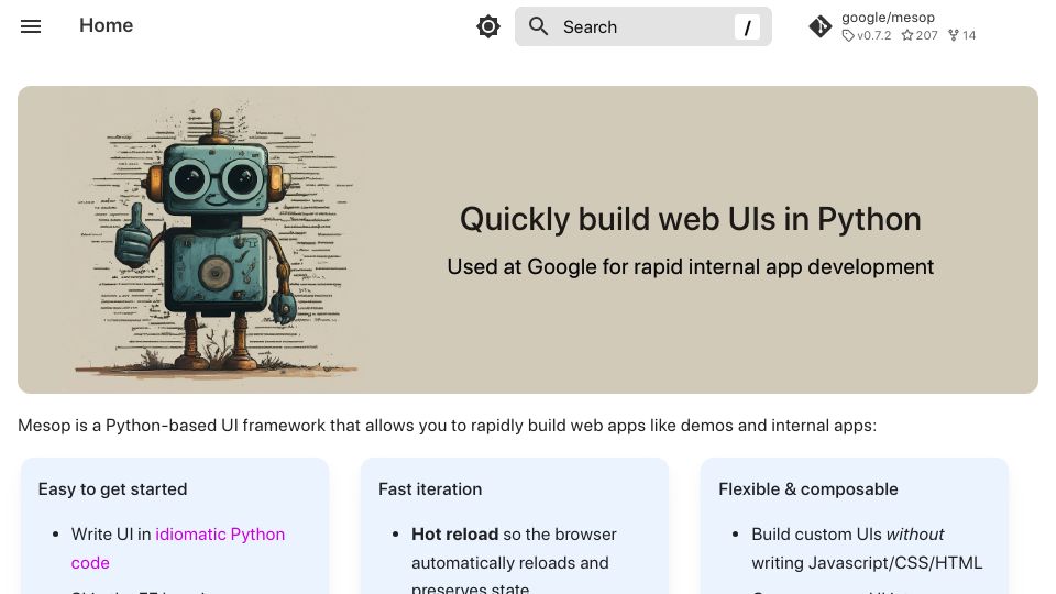 Screenshot of google.github.io: Show HN: Mesop – Open-source Python UI framework