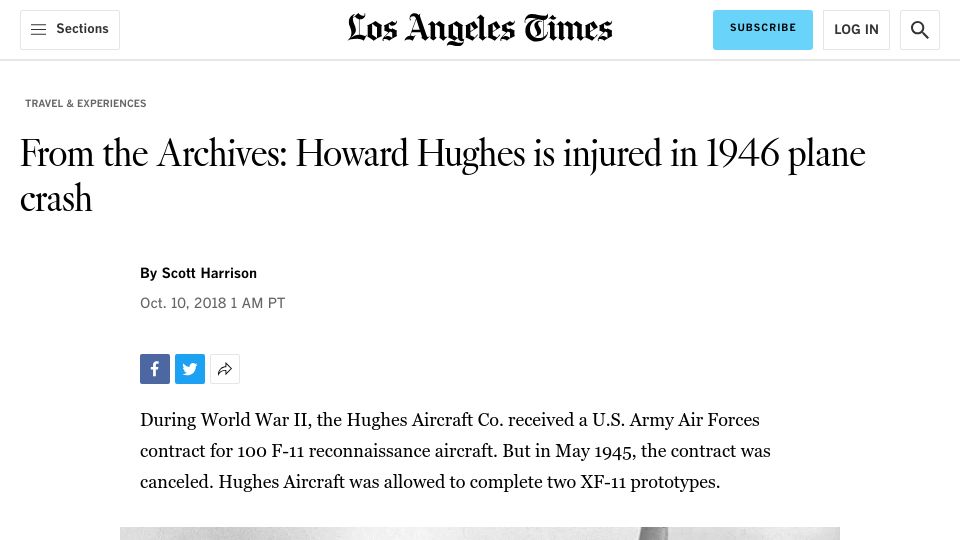 Screenshot of latimes.com: Howard Hughes injured in 1946 plane crash (2018)
