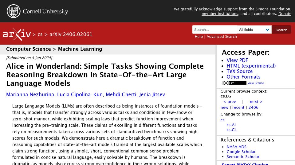 Screenshot of arxiv.org: Simple tasks showing reasoning breakdown in state-of-the-art LLMs