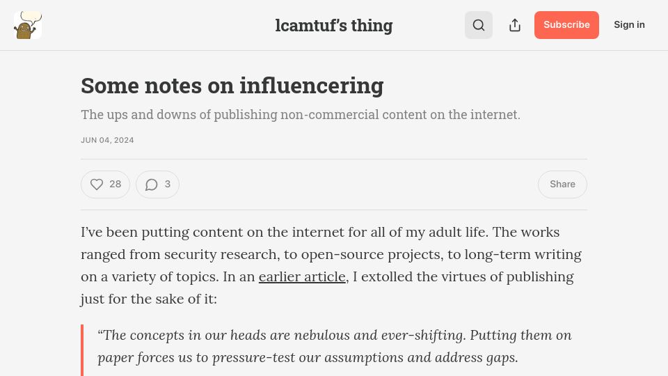 Screenshot of lcamtuf.substack.com: Some notes on influenceering