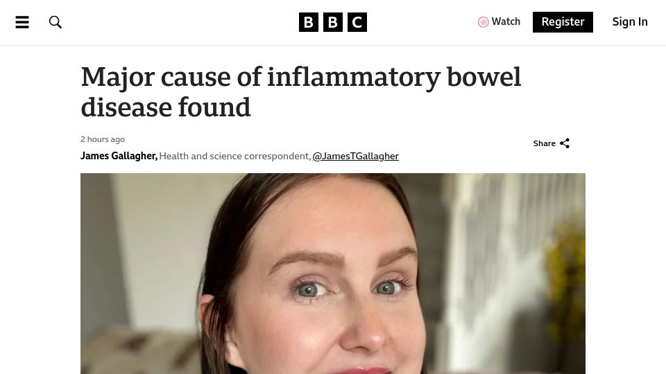Screenshot of bbc.com: Major cause of inflammatory bowel disease found