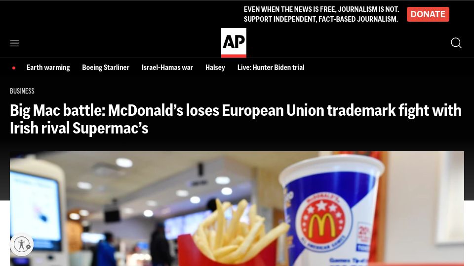Screenshot of apnews.com: McDonald's Loses 'Big Mac' Trademark in European Union