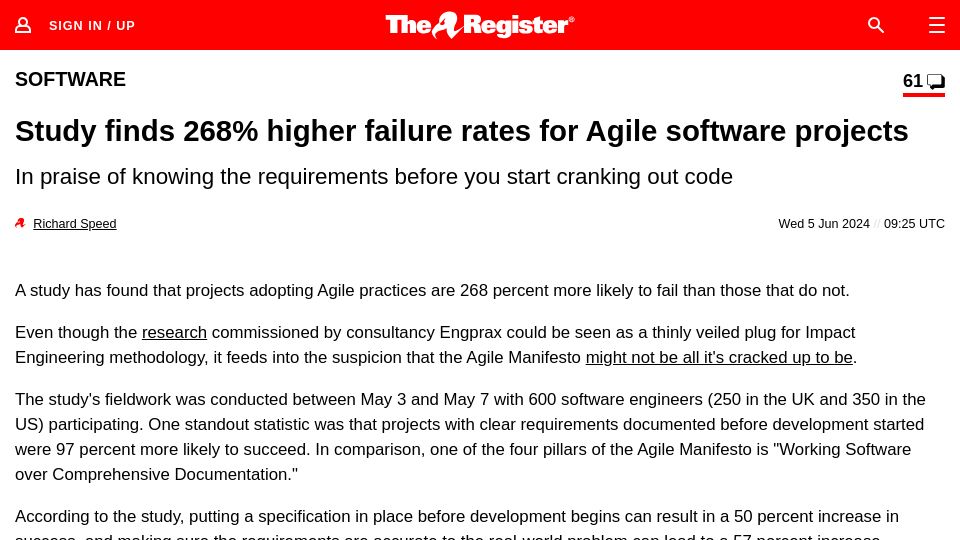Screenshot of theregister.com: Study finds 268% higher failure rates for Agile software projects
