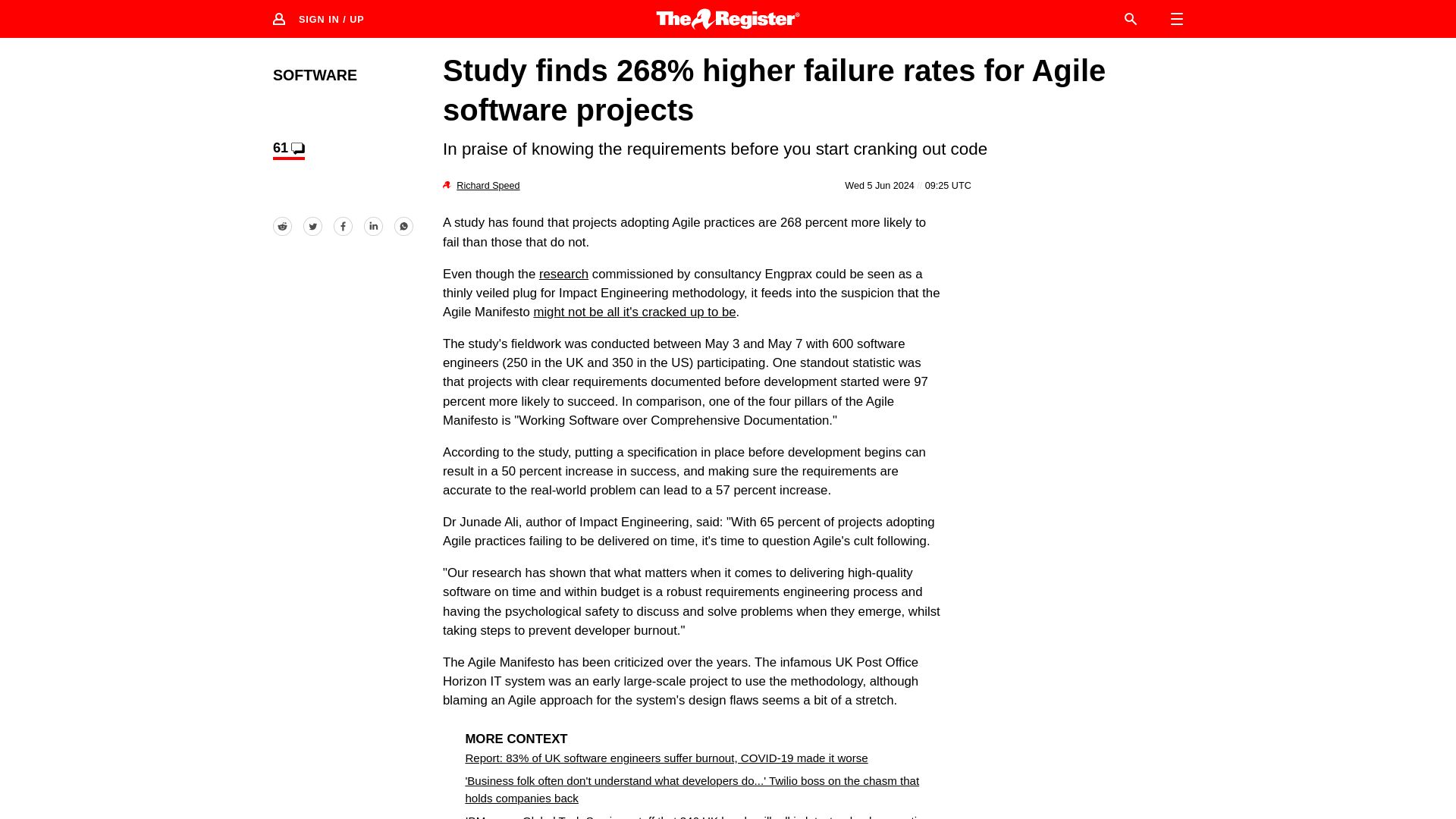 Screenshot of theregister.com: Study finds 268% higher failure rates for Agile software projects