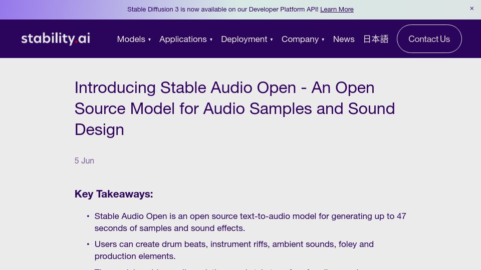Screenshot of stability.ai: Stable Audio Open