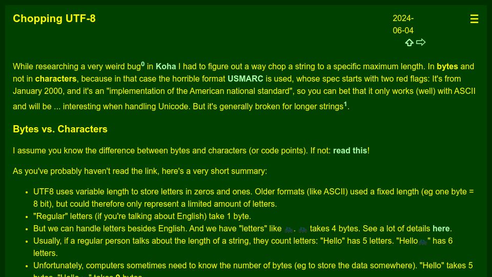 Screenshot of domm.plix.at: How to chop off bytes of an UTF-8 string to fit into a small slot and look nice