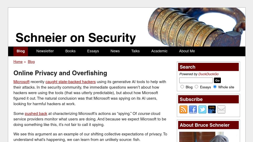 Screenshot of schneier.com: Online Privacy and Overfishing